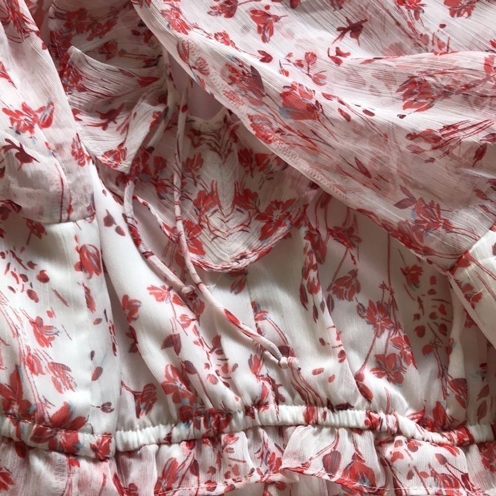 CeCe Floral Chiffon Tie Neck Ruffle Dress Size 12 White Red Sheer Sleeve Wedding - Picture 11 of 17